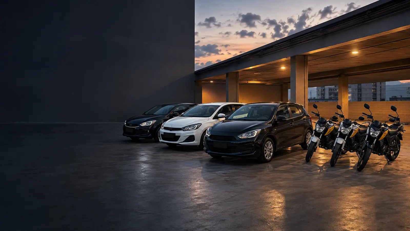 Imagem provisória de carros e motos em uma garagem moderna